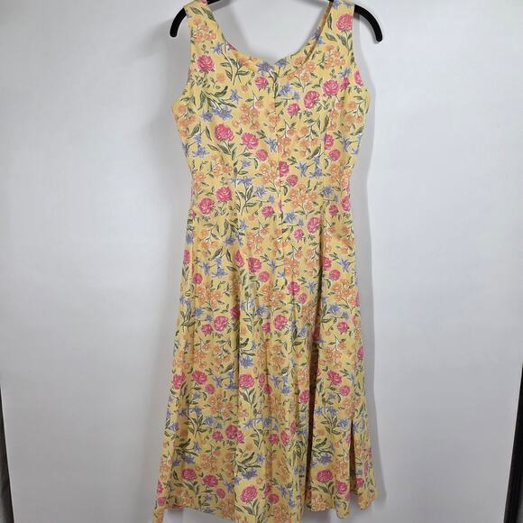 VTG Herman Geist women 6P Yellow Floral Sweetheart Fit Flare Cottage Midi Dress - Picture 4 of 6